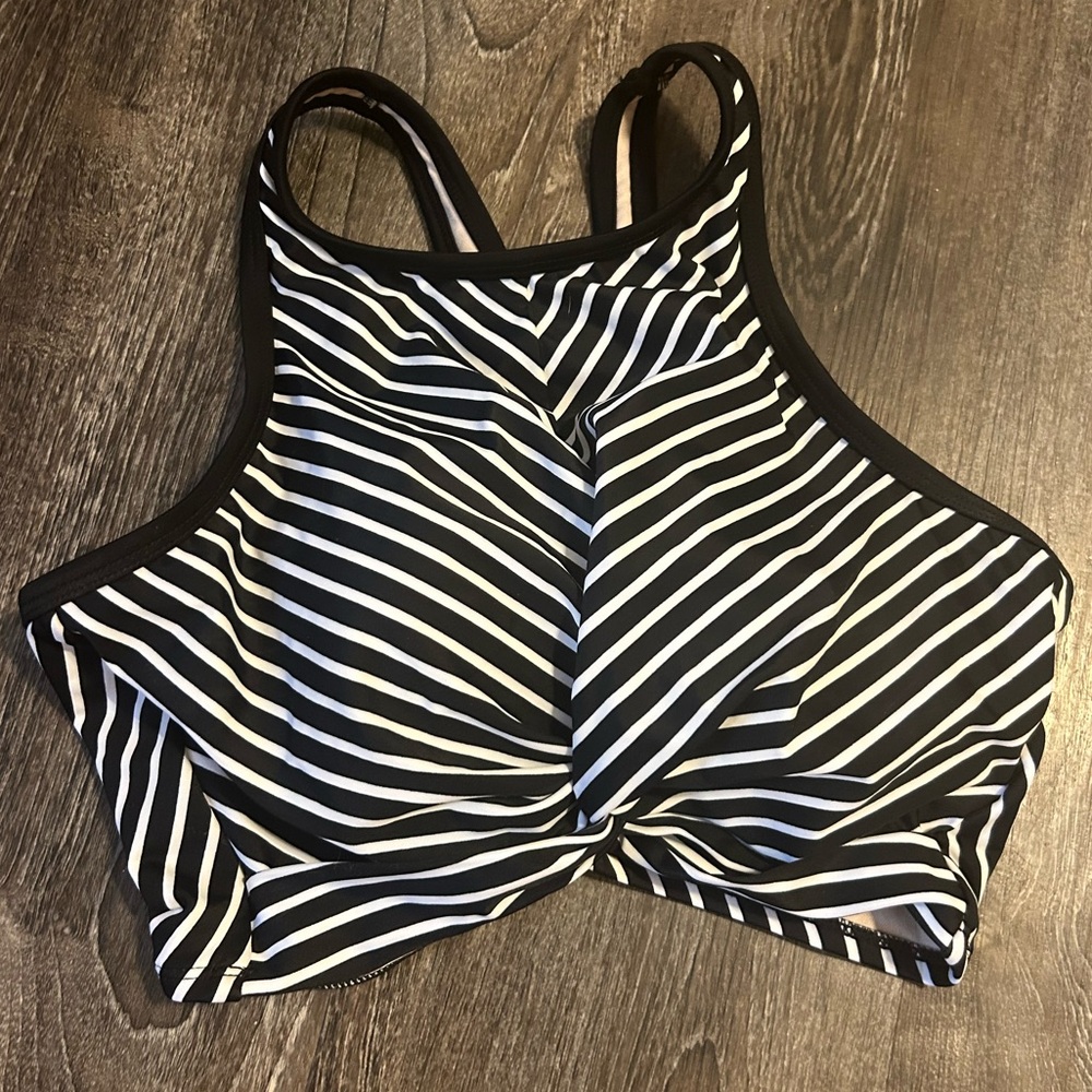 Black and White Striped Halter Bikini Top
